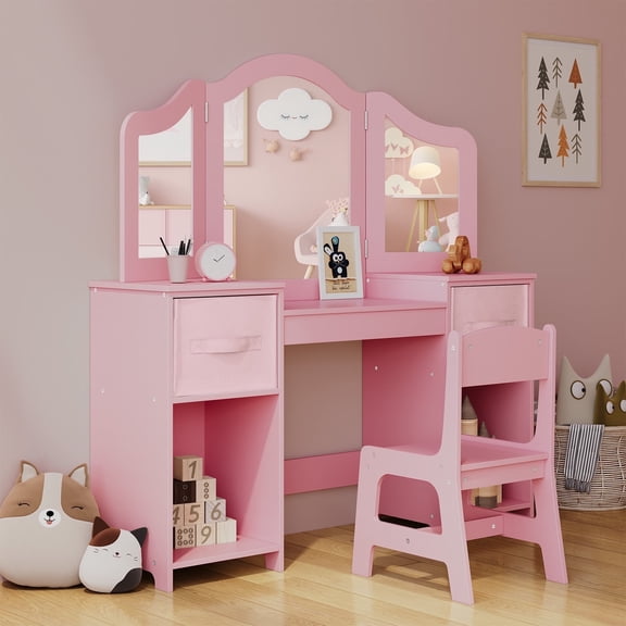 LAZY BUDDY Kids Vanity Set, 2 in 1 Vanity Table and Chair Set with Tri-Folding Mirror, Wooden Princess Makeup Desk Dressing Table for Little Girls