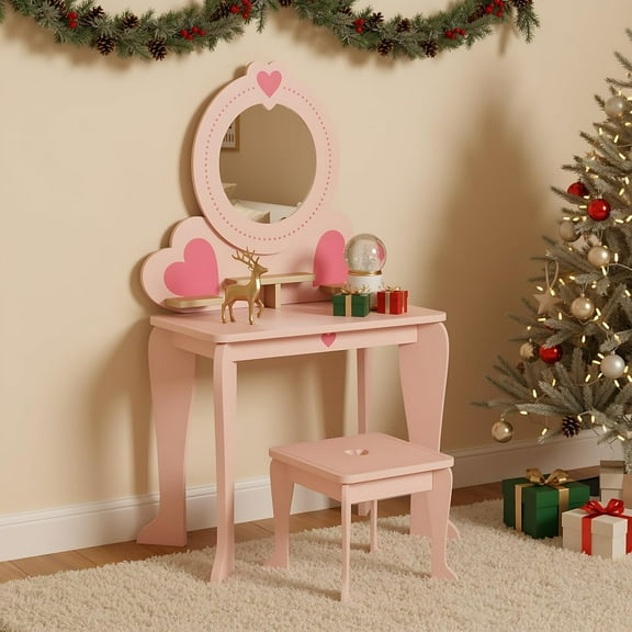 LAZY BUDDY Kids Vanity Set with Stool & Mirror, Toddler Pretend Makeup Dressing Table Set with 8pcs Accessories, for Girls 3+