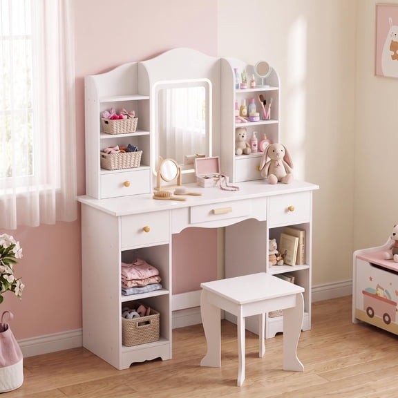 LAZY BUDDY Kids Vanity Set with 3-Color Lights & Mirror, Wooden Toddler Makeup Dressing Table with Stool, Drawers & Ample Storage for Little Kids 2+