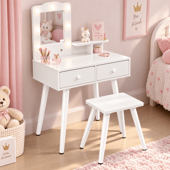 LAZY BUDDY Kids Vanity Set with Lights, Toddler Vanity Table with Mirror and Stool, Wooden Makeup Dressing Table for Girls 3+