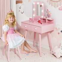 LAZY BUDDY Kids Vanity Set with Stool & Drawers, Toddler Vanity Desk Princess Makeup Dressing Table with Lights and Mirror for Girls 3 