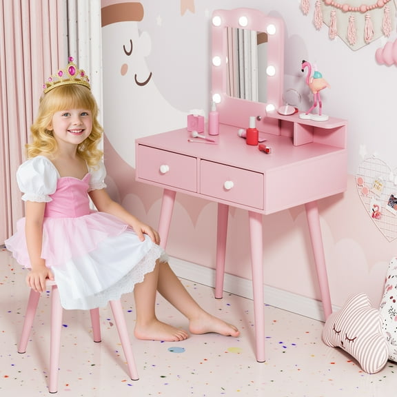 LAZY BUDDY Kids Vanity Set with Stool & Drawers, Toddler Vanity Desk Princess Makeup Dressing Table with Lights and Mirror for Girls 3+