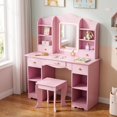 thumbnail image 1 of LAZY BUDDY Kids Vanity Table with 3-Color Lights & Acrylic Mirror, Toddler Makeup Dressing Table with Stool, Drawers & Storage Shelves, Princess Pretend Play Vanity Desk Set with Anti-Tip Device, 1 of 10