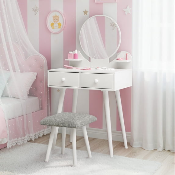 LAZY BUDDY Kids Vanity Table and Chair Set, Wooden Vanity Set with Mirror, Toddler Makeup Dressing Table with Drawers