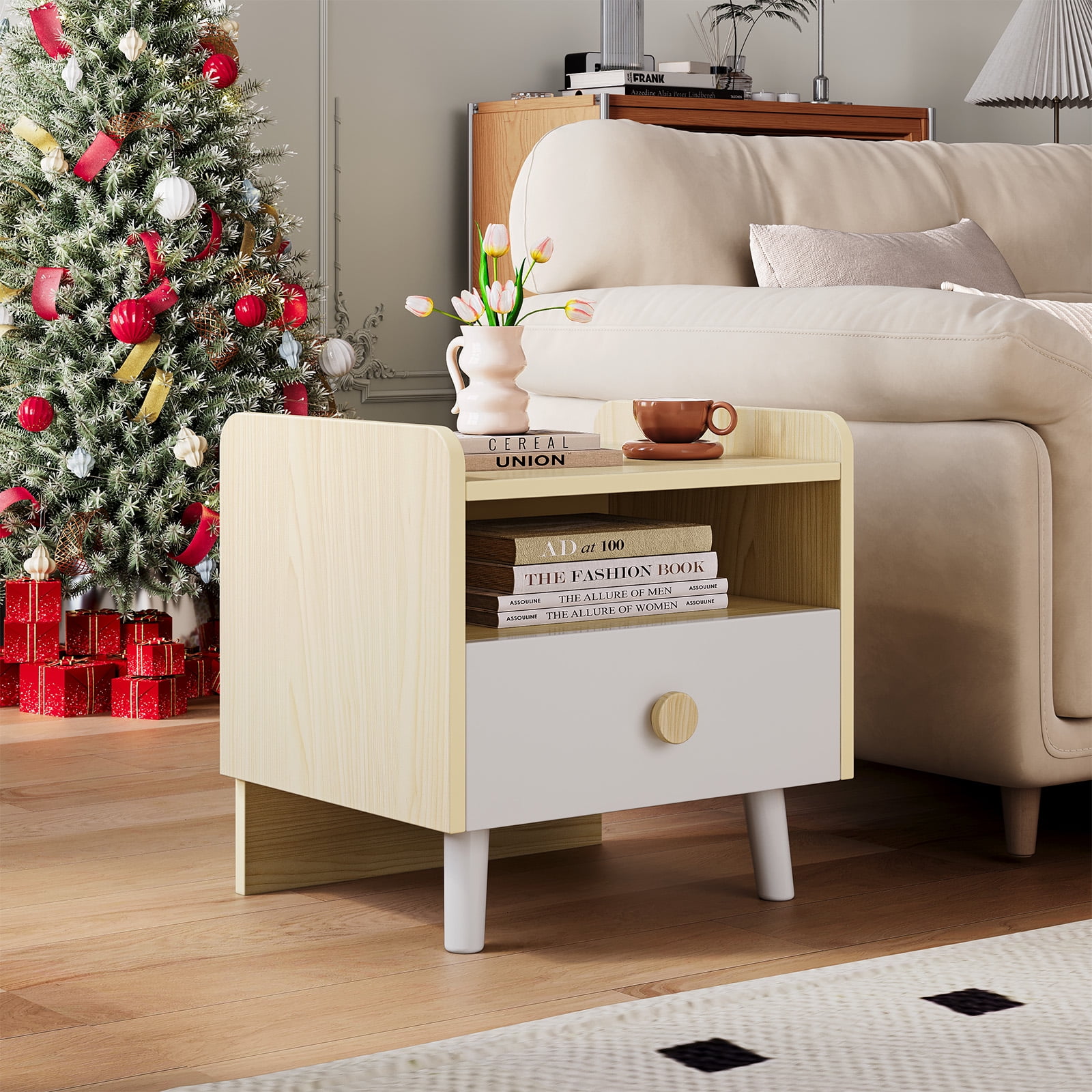 LAZY BUDDY Kids Wooden Nightstand with Drawer, Children Bed Side