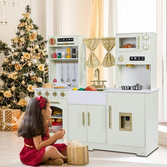 LAZY BUDDY Play Kitchen for Kids, Wooden Toy Kitchen Playset Chef Pretend Play Set for Toddlers with Simulated Sound & Light