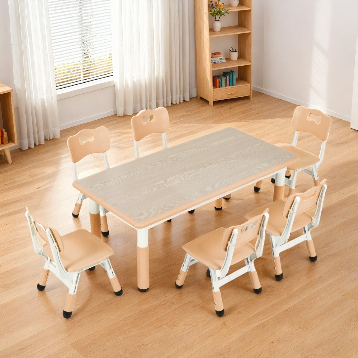 LAZY BUDDY Kids Table and 6 Chairs Set, Rectangular Children Activity Table with Graffiti Desktop, Height Adjustable, for Daycare, Classroom, Home