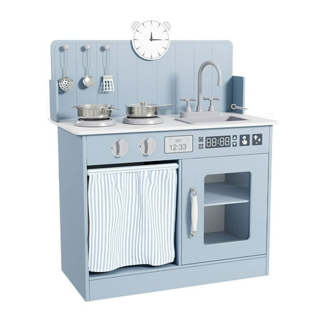 LAZY BUDDY Kitchen Playset for Kids, Wooden Pretend Play Kitchen with Sink, Clock, Clicking Knobs, Toddler Toy Kitchen Gift for Ages 3+