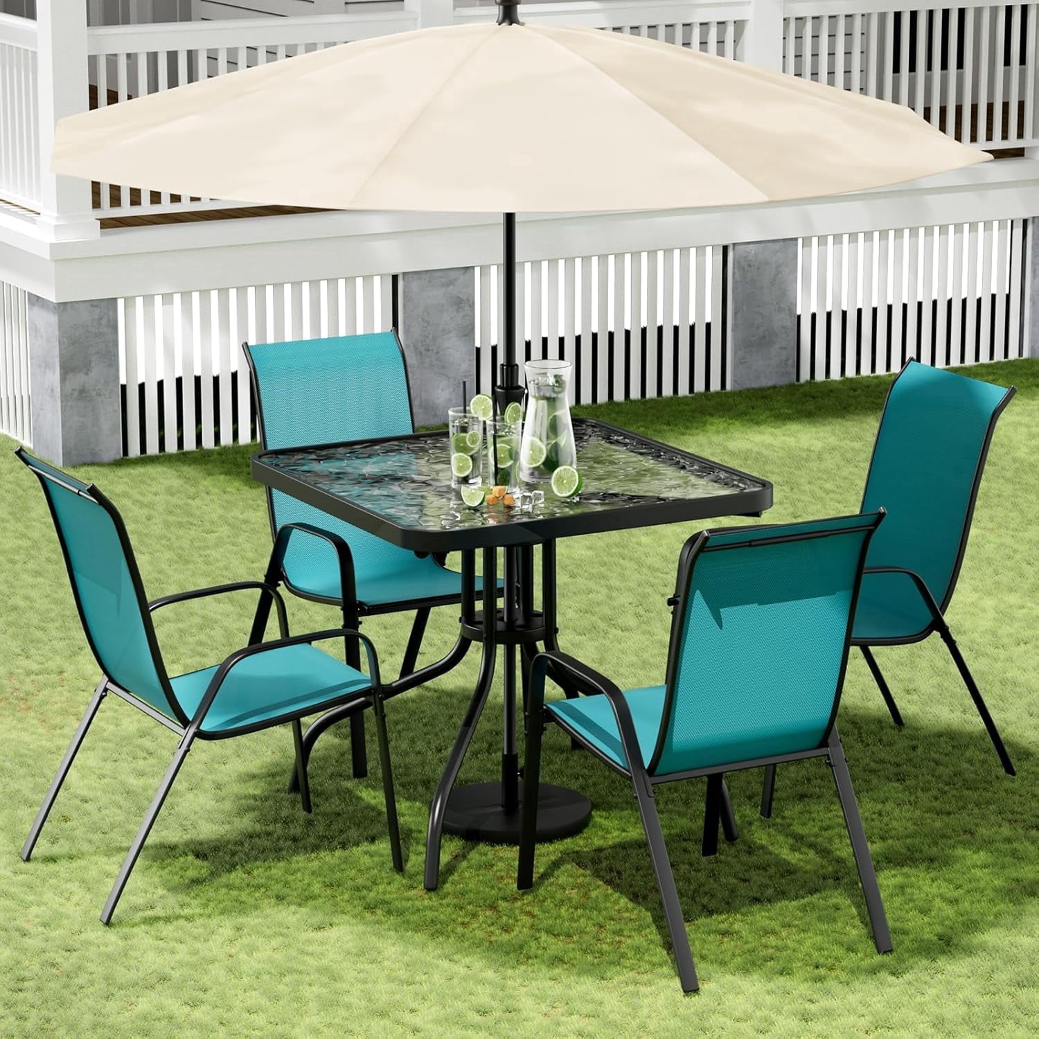 4 piece metal and glass umbrella patio set Flash Furniture 27.5 x 47.25 in. Tory Commercial Grade Rectangular Table with Tempered Top with Hole & Steel Tube Frame Make the perfect pairing with our indoor Outsunny 6 Piece Outdoor Patio