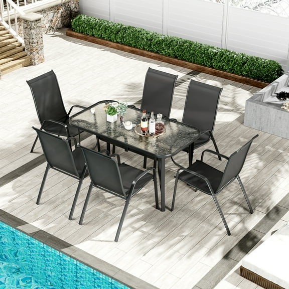 LAZY BUDDY Outdoor Dining Table Set, 7-Piece Patio Furniture Set with Glass Table and 6 Chairs for Porch, Deck, Backyard