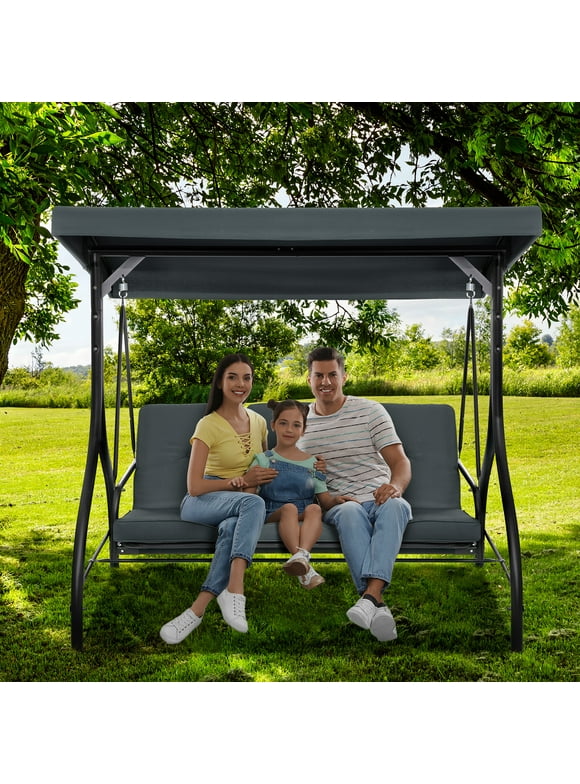LAZY BUDDY Outdoor Patio Swing Chair, 3 Person Porch Swing with Adjustable Canopy, Removable Cushion for Outdoor Backyard, Garden, Poolside, Gray