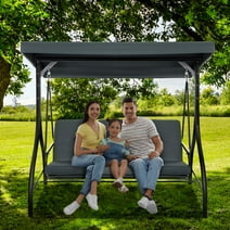 LAZY BUDDY Outdoor Patio Swing Chair, 3 Person Porch Swing with Adjustable Canopy, Removable Cushion for Outdoor Backyard, Garden, Poolside, Gray