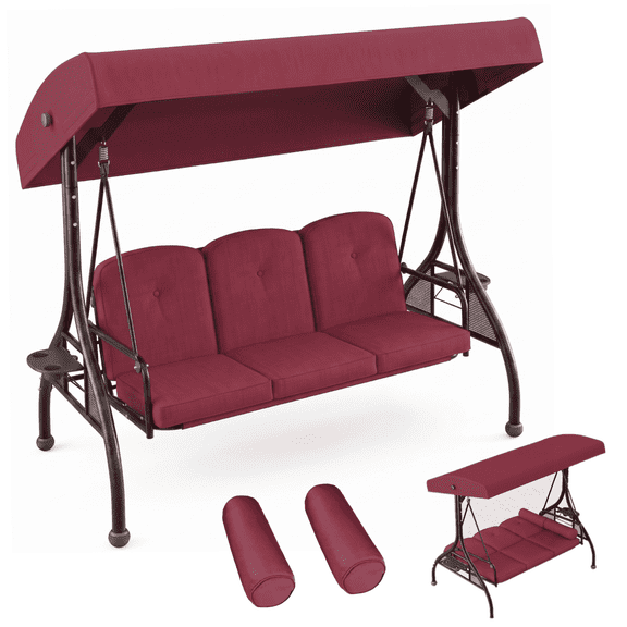 LAZY BUDDY Outdoor Porch Swing with Stand and Canopy, 3 Seats Outdoor Swings for Adults, Convertible 2 in 1 Swing Bed with Cup Holder & Pillows for Backyard Garden Balcony