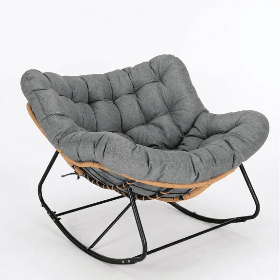 LAZY BUDDY Outdoor Rocking Chair, Oversized Patio Papasan Rocking Chair, Comfy Wicker Reading Lounge Rocker for Bedroom, Living Room, Porch, Garden, Lawn
