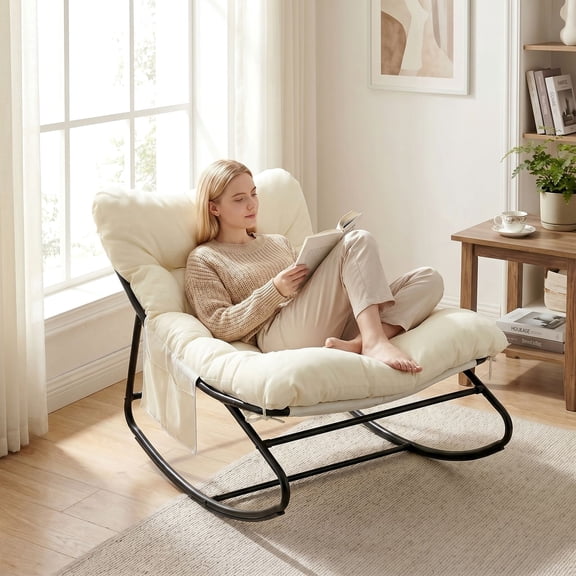 LAZY BUDDY Oversized Outdoor Rocking Chair, Comfy Papasan Rocker Chair with Thick Cushions for Living Room, Bedroom, Balcony, Patio