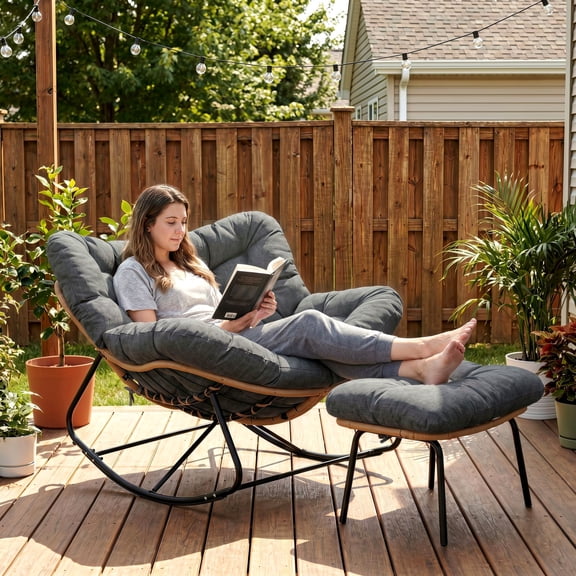 LAZY BUDDY Oversized Papasan Rocking Chair with Ottoman, Outdoor Comfy Rocker Patio Lounge Chair with Thick Cushion for Bedroom Living Room, Balcony, Backyard