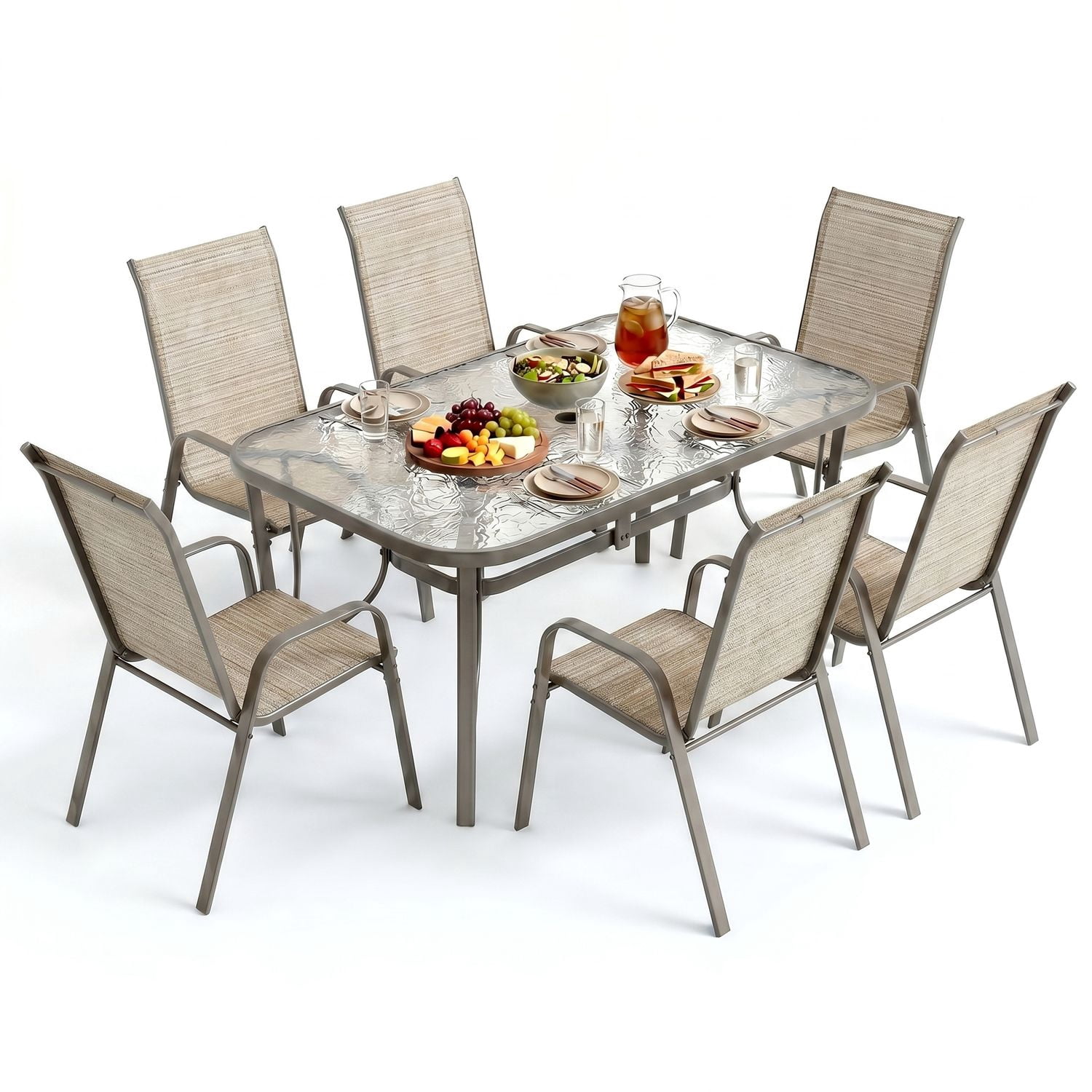 LAZY BUDDY Patio Table Set for 7, Outdoor Dining Table and 6 Textilene Chairs Set with Umbrella Hole, Patio Furniture Set for Porch, Garden, Backyard, Poolside