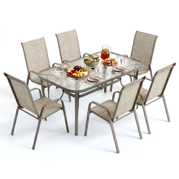 LAZY BUDDY Patio Table Set for 7, Outdoor Dining Table and 6 Textilene Chairs Set with Umbrella Hole, Patio Furniture Set for Porch, Garden, Backyard, Poolside
