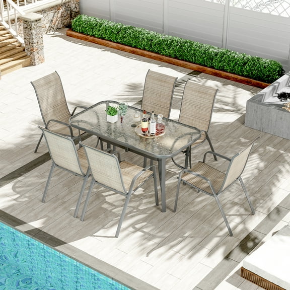 LAZY BUDDY Patio Dining Set for 7, Outdoor Table and Chairs Set with Umbrella Hole, Patio Furniture Set for Porch, Garden, Backyard, Poolside