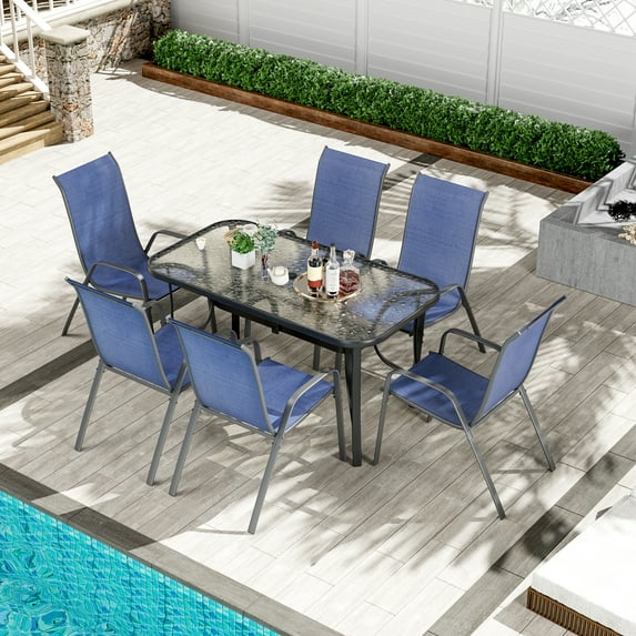 LAZY BUDDY Patio Dining Set of 7 with Umbrella Hole, Outdoor Furniture Table and 6 Textilene Chairs for Lawn, Backyard, Deck, 330LBS