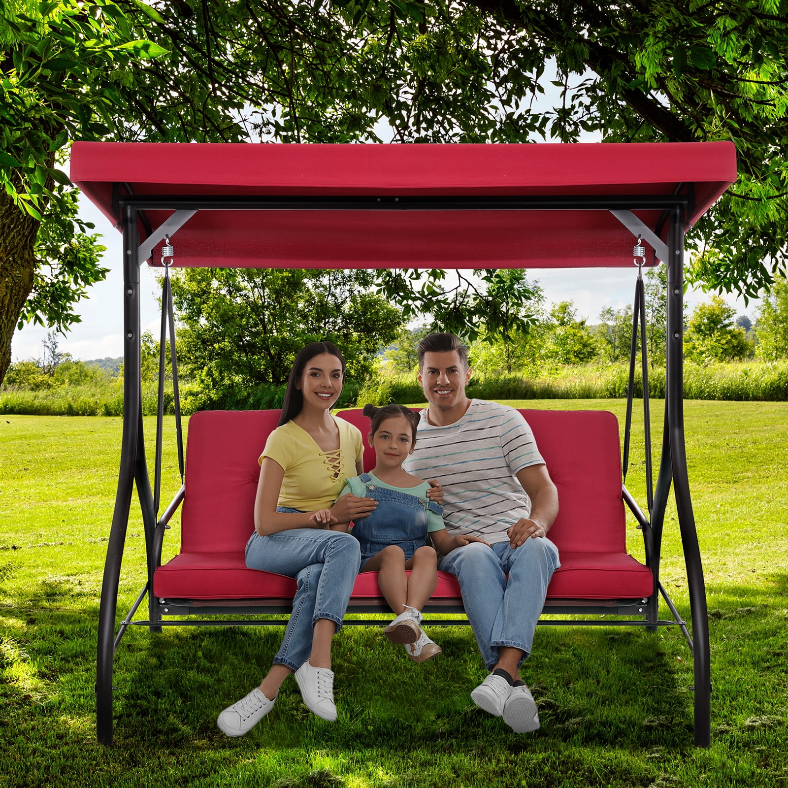 LAZY BUDDY 3-Seat Porch Swing with Adjustable Canopy, Outdoor Swing Chair Convertible Swing Bed with Removable Cushion for Yard Garden Balcony