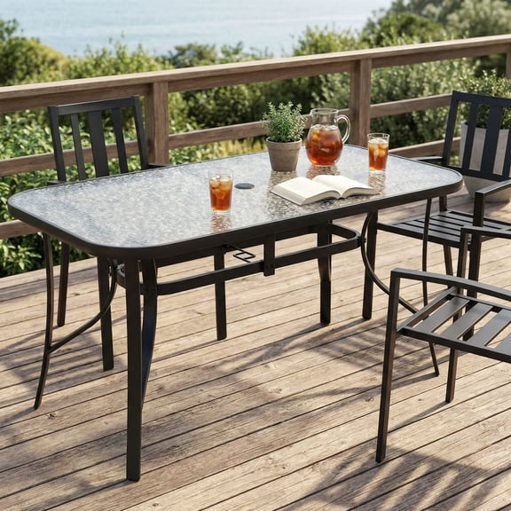 LAZY BUDDY Patio Table with 1.69'' Umbrella Hole, Rectangular Outdoor Dining Table with Tempered Glass Tabletop for 6, for Balcony Garden Deck