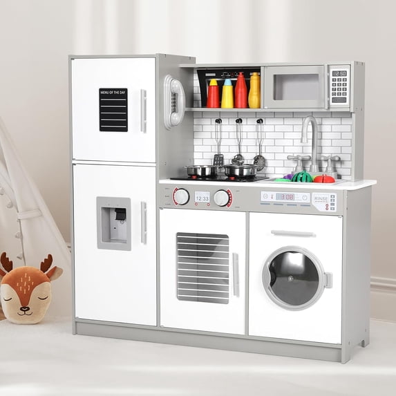 LAZY BUDDY Play Kitchen for Kids, Wooden Chef Pretend Toy Kitchen with Washing Machine, Water Dispenser, Stove, Real Sound & Light, Telephone, Range Hood, Oven