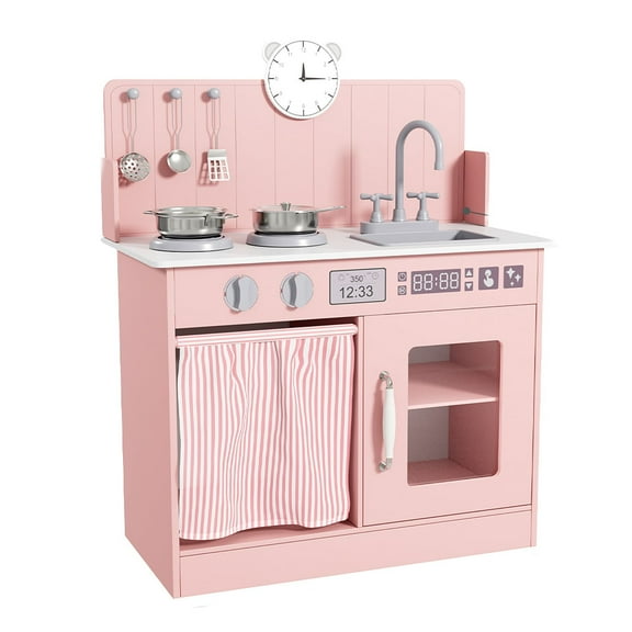 LAZY BUDDY Play Kitchen, Wooden Kids Kitchen Playset Pretend Toy for Toddlers with 5pcs Cookware Accessories, Hooks & Ample Storage