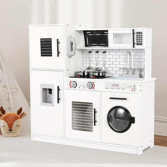 LAZY BUDDY Pretend Play Kitchen, Wooden Kids Toy Kitchen Playset with Real Sound & Light Gift for Toddler Preschooler Age 3+