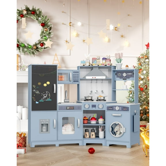 LAZY BUDDY Pretend Play Corner Kitchen, Ultimate Interactive Wooden Kids Kitchen Playset with Range Hood, Chalkboard, Ice Maker