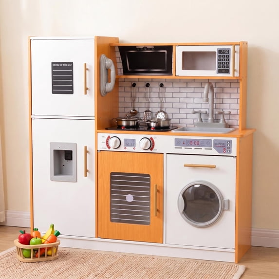 LAZY BUDDY Pretend Play Kitchen Set, Wooden Kids Kitchen Playset Interactive Cooking Toy for Children Age 3-8