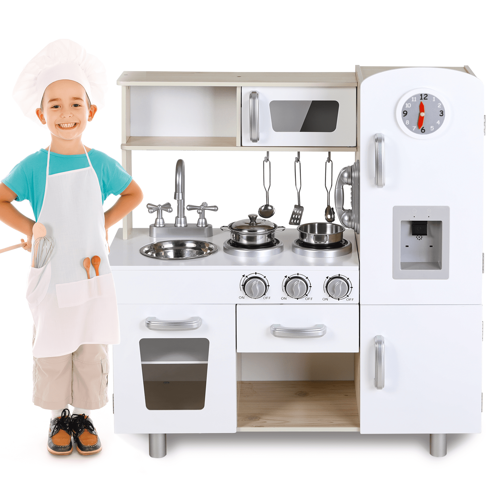 LAZY BUDDY Kids Pretend Play Kitchen, Wooden Kitchen Playset Toddler Toy Kitchen with Realistic Light & Sound, for Children Age 2+
