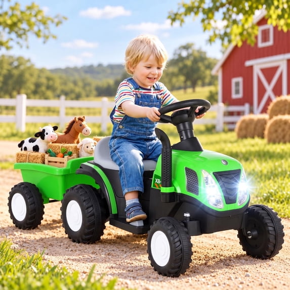 LAZY BUDDY Ride on Tractor with Detachable Trailer, 6V Toddler Ride on Toy with LED Lights, Anti-Skid Wheels