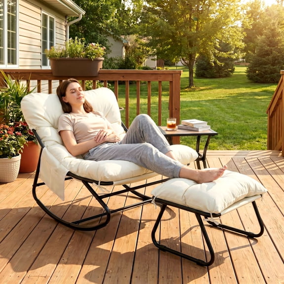 LAZY BUDDY Rocking Chair with Ottoman, Comfortable Recliner Lounge Chair with Soft Cushion, Patio Rocker Chair with Side Pocket for Living Room, Bedroom, Balcony, Deck
