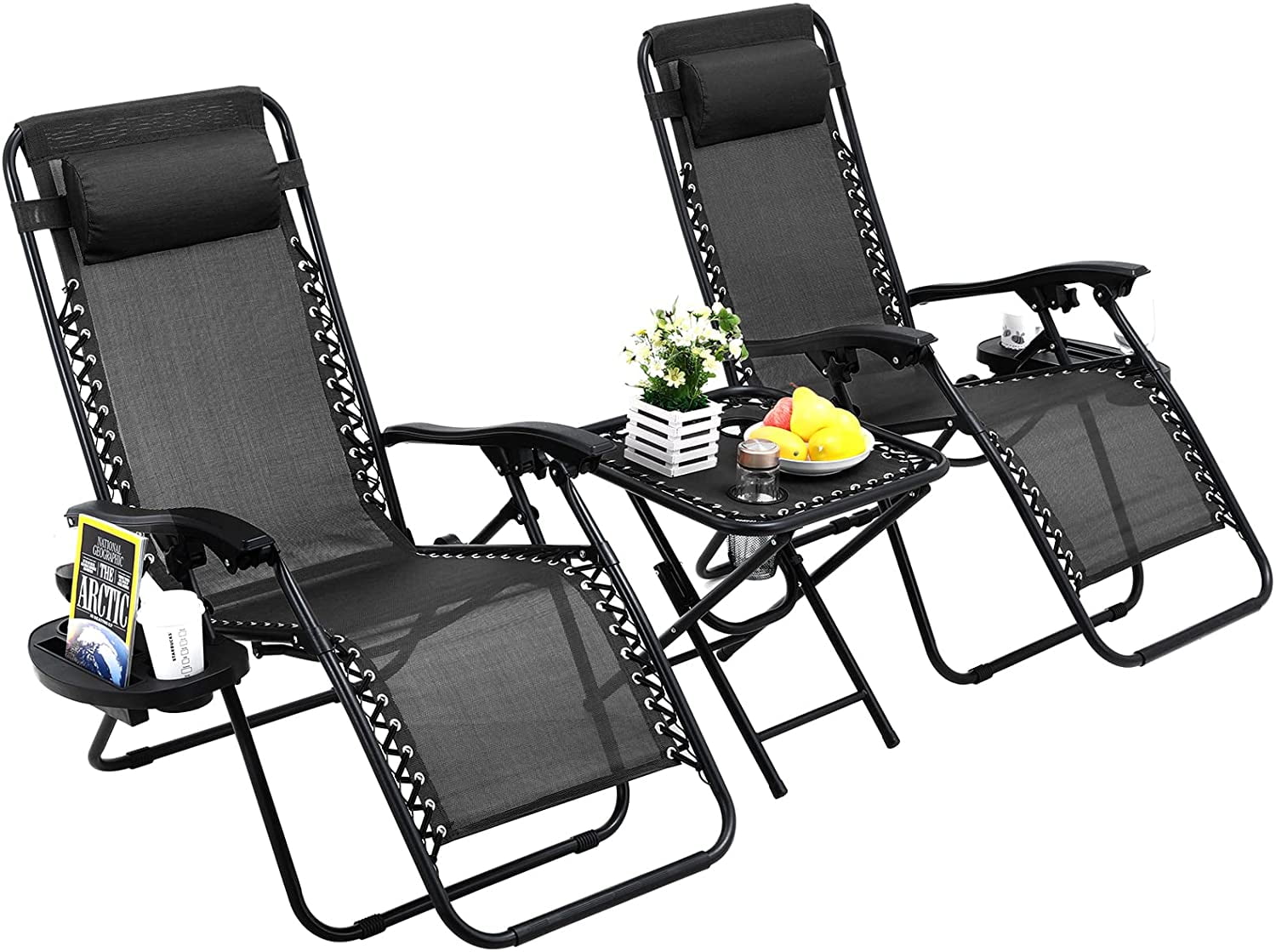 LAZY BUDDY Set of 3 Adjustable Zero Gravity Lounge Chairs Set with Tray