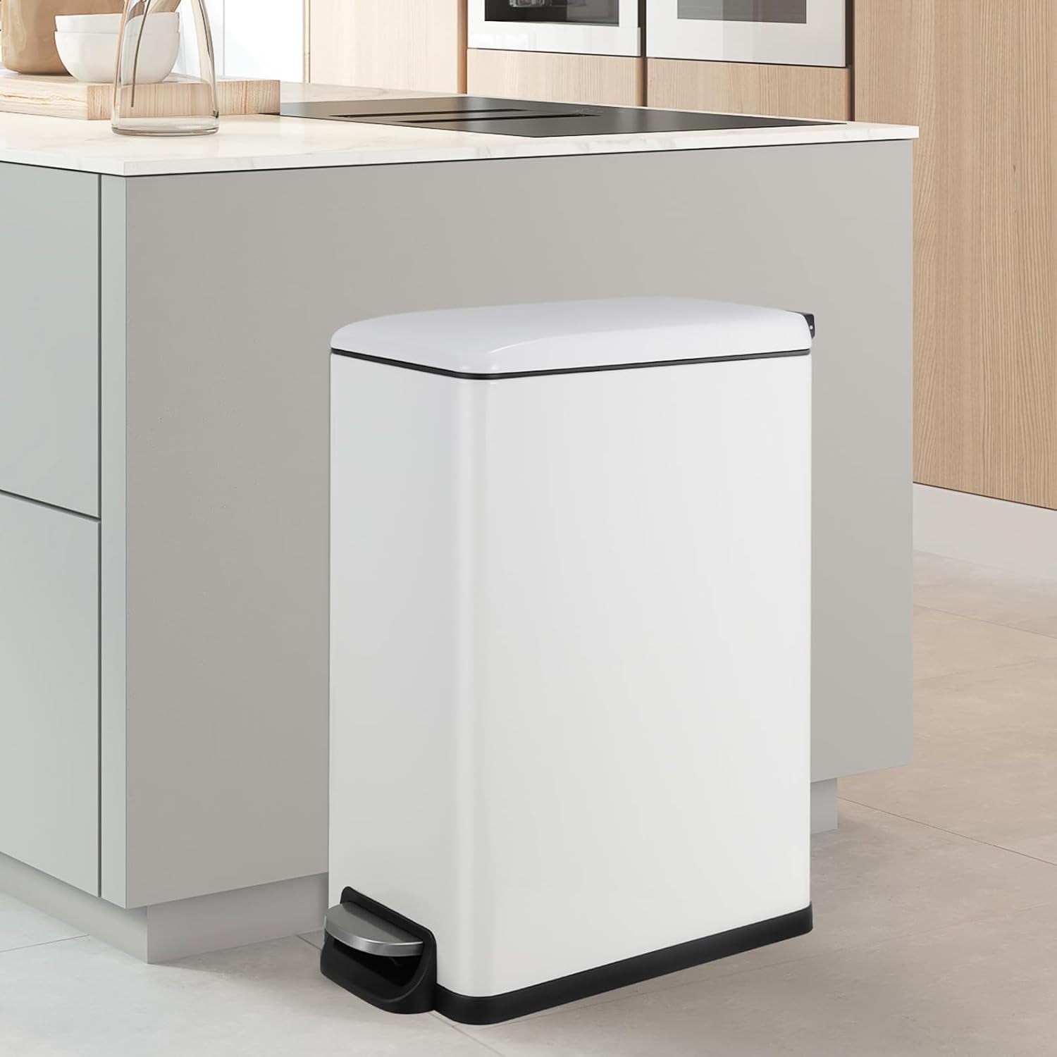 LAZY BUDDY 50 Liter / 13.2 Gallon Slim Trash Can, Stainless Steel Kitchen Garbage Bin with Step Pedal and Lid for Kitchen Bathroom