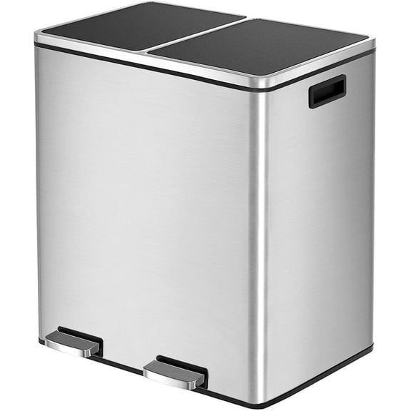LAZY BUDDY Stainless Steel Kitchen Trash Can with Lid, 16 Gallon Step Rubbish Bin, Double Compartment Classified Recycle Garbage Can with Foot Pedal for Office Home
