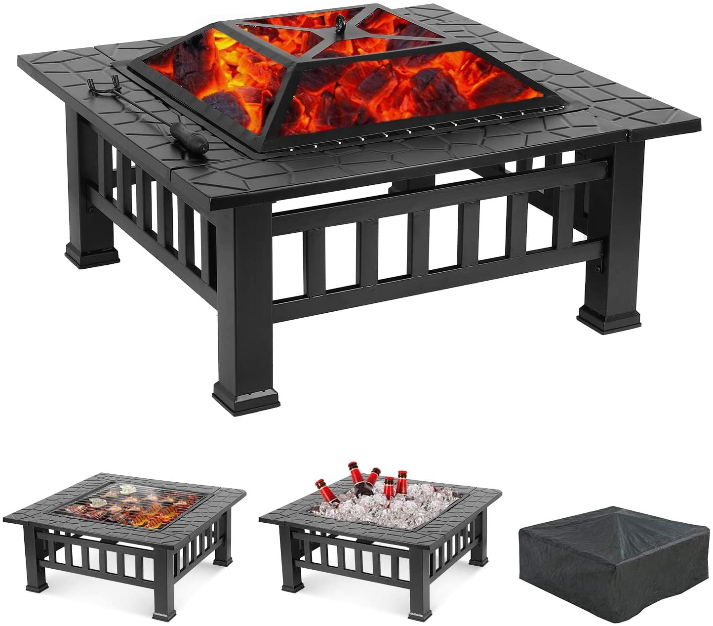 LAZY BUDDY Steel Fire Pits for Outside, 32'' Square Wood Burning Firepit Table with Mesh Lid, BBQ Net, Poker, and Cover for Outdoor Patio Backyard Bonfire Party