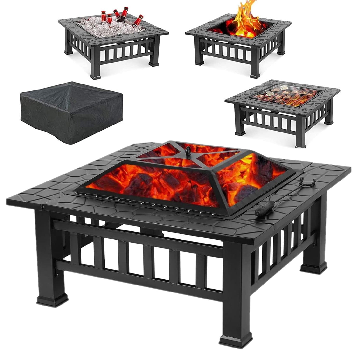 LAZY BUDDY Steel Fire Pits for Outside, 32'' Square Wood Burning Firepit Table with Mesh Lid, BBQ Net, Poker, and Cover for Outdoor Patio Backyard Bonfire Party