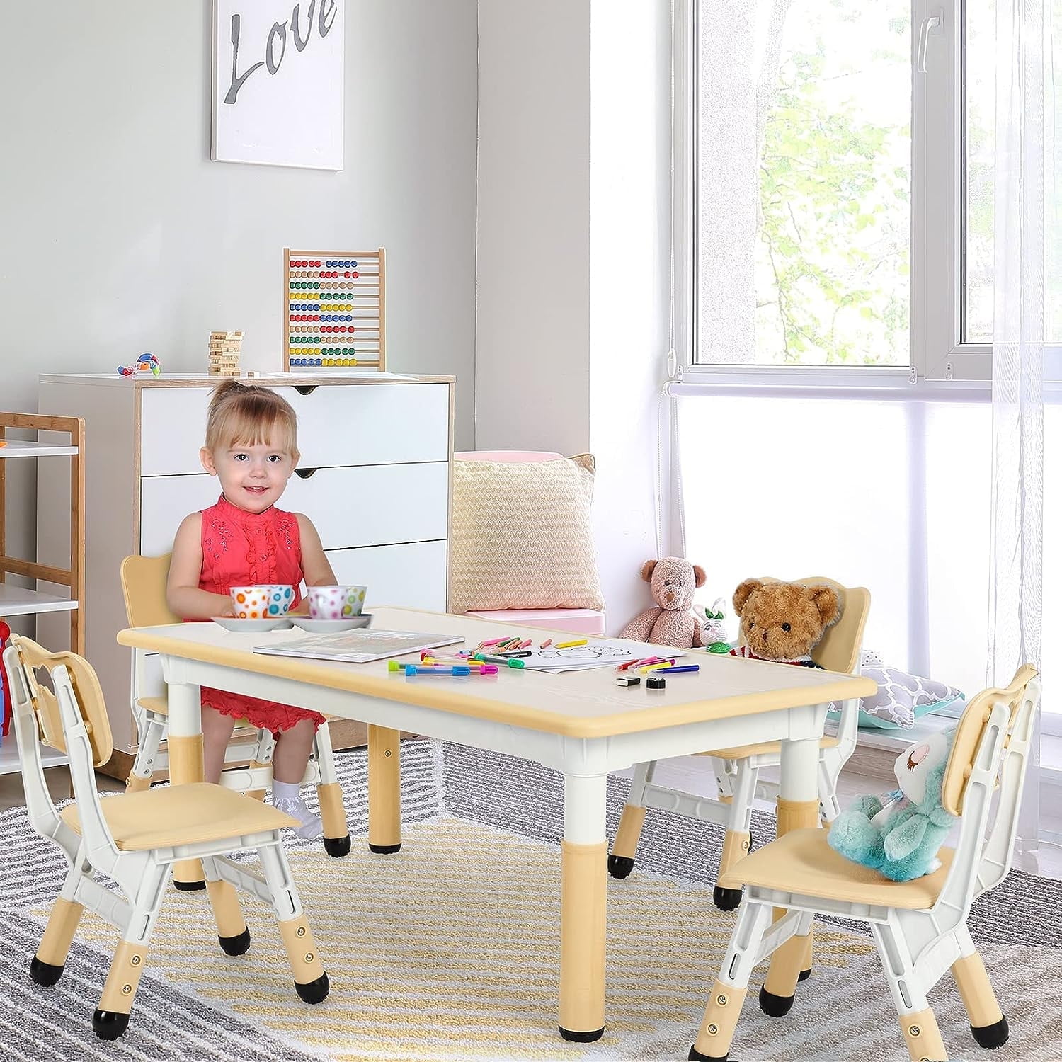 LAZY BUDDY Kids Table & 4 Chairs Set, Adjustable for Eating