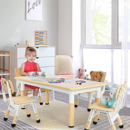 LAZY BUDDY Height-Adjustable Toddler Table and 4 Chairs Set with Graffiti Desktop, Children Activity Table Set for Reading, Drawing, Dining