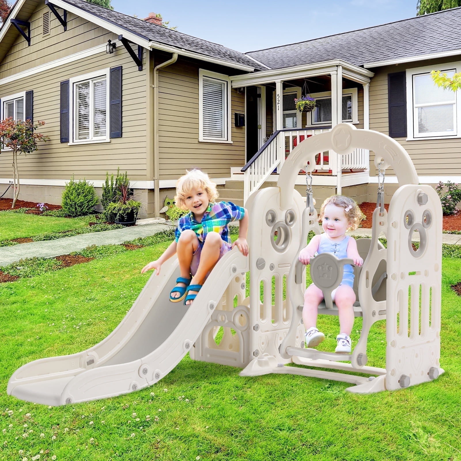 LAZY BUDDY Toddler Slide and Swing Set, Freestanding Kids Climber Play Slide with Basketball Hoop & Storage Space, Anti-Slip Step, for Indoor Outdoor Use