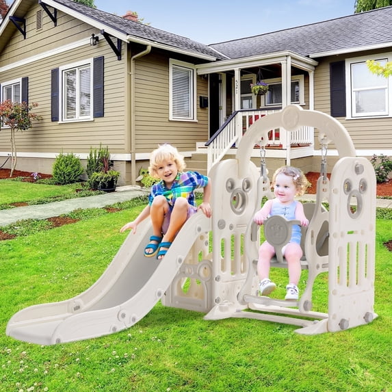 LAZY BUDDY Toddler Slide and Swing Set, Freestanding Kids Climber Play Slide with Basketball Hoop & Storage Space, Anti-Slip Step, for Indoor Outdoor Use