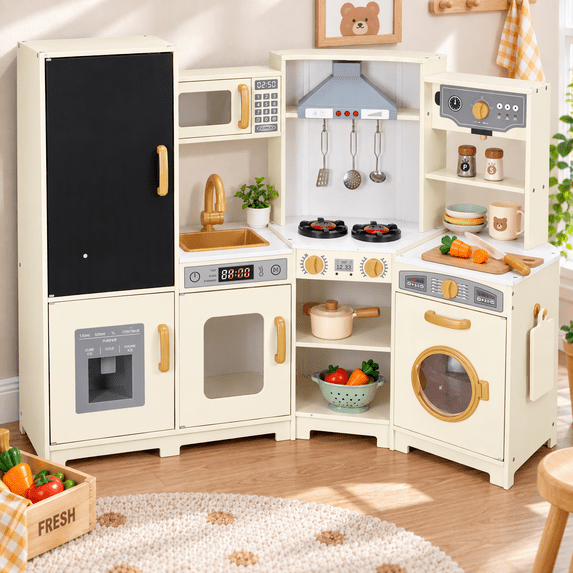 LAZY BUDDY Wooden Corner Play Kitchen, Toddler Kitchen Playset Interactive Pretend Toy with Lights & Sounds, for Children Age 3+
