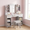 thumbnail image 1 of LAZY BUDDY Wooden Kids Vanity Table with Lights, Mirror and Stool, 2 in 1 Toddler Pretend Play Dressing Table with Drawers & Open Shelves for Little Girls, 1 of 10