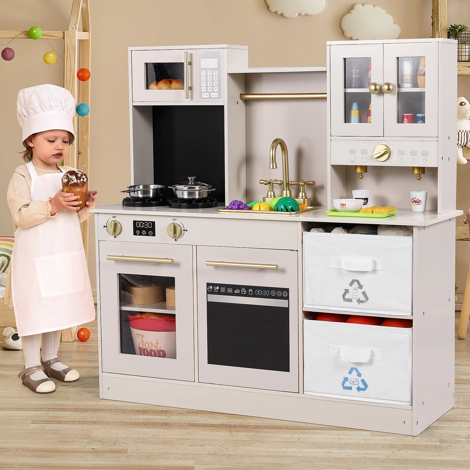 Lazy Buddy Play Kitchen for Kids Wooden Play Kitchen Playset Children Pretend Toy with Sink Coffee Machine Storage Drawer and Cookware Accessories