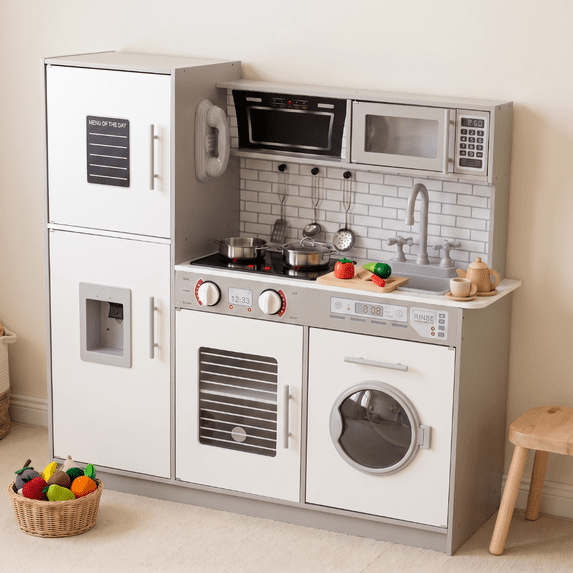 LAZY BUDDY Wooden Play Kitchen, Pretend Toy Kitchen with Washing Machine, Real Sound & Light, Telephone, for Toddlers 3+
