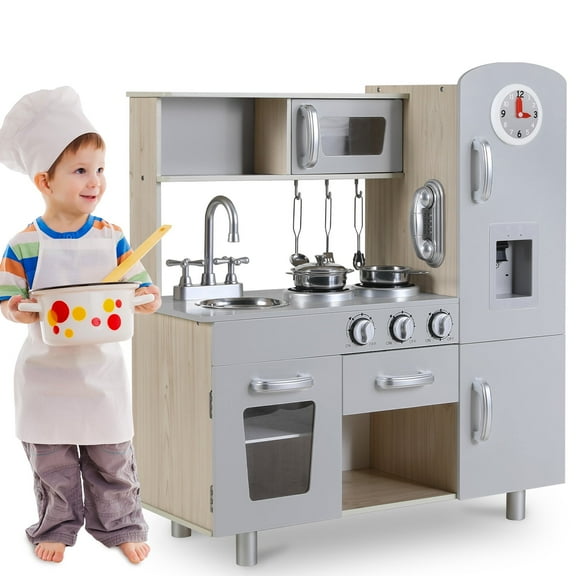 LAZY BUDDY Wooden Play Kitchen for Kids, Toddler Kitchen Playset Pretend Play Interactive Toy with 5 Accessories