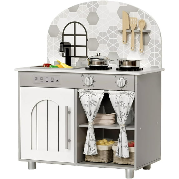 LAZY BUDDY Wooden Play Kitchen for Kids, Toddler Kitchen Playset with Sink, Stove, Pretend Play Toy for Boys and Girls Age 3+