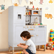 LAZY BUDDY Pretend Play Kitchen for Kids, Wooden Kids Kitchen Playset Toddler Interactive Toy with Realistic Light & Sound, 5pcs Cookware Accessories